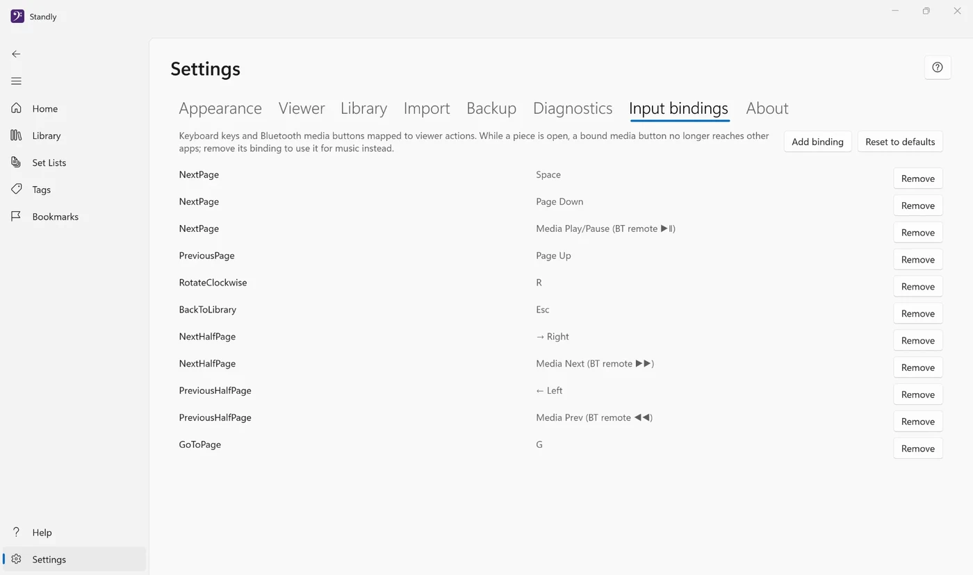 Standly's Settings page on the Input bindings tab, listing each action with its key or media button and a Remove button, and Add binding and Reset to defaults buttons at the top.