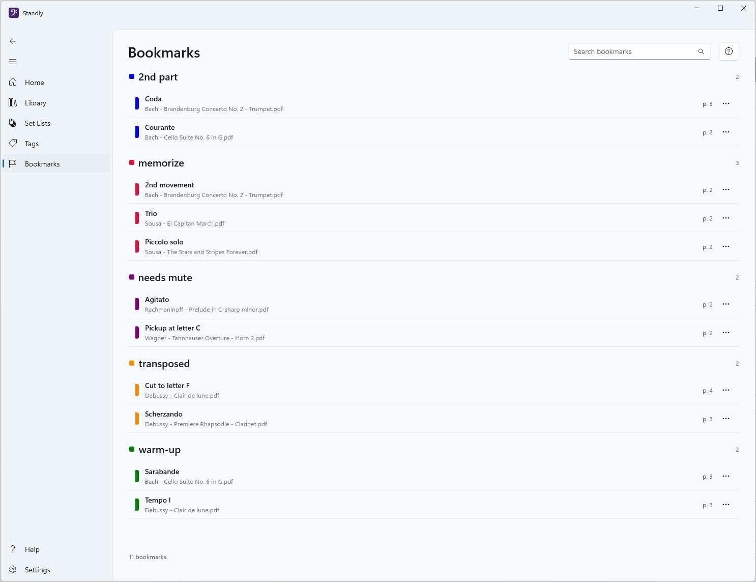 Bookmarks screen grouping bookmarks by tag, each showing its piece and page number