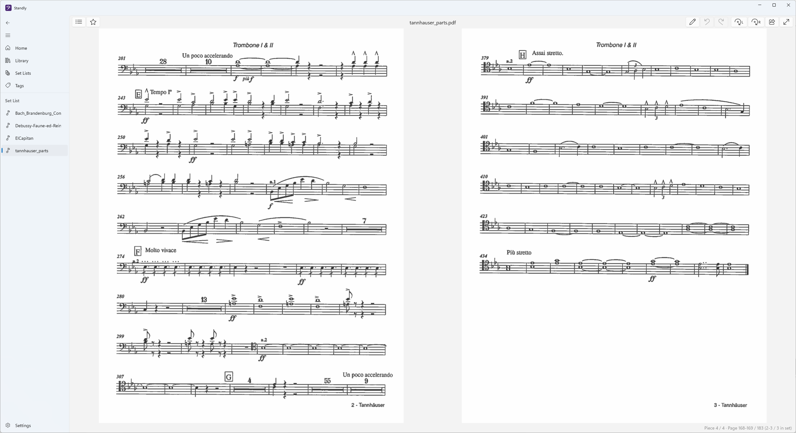 Two-page reading view showing a Bach Brandenburg Concerto trumpet part