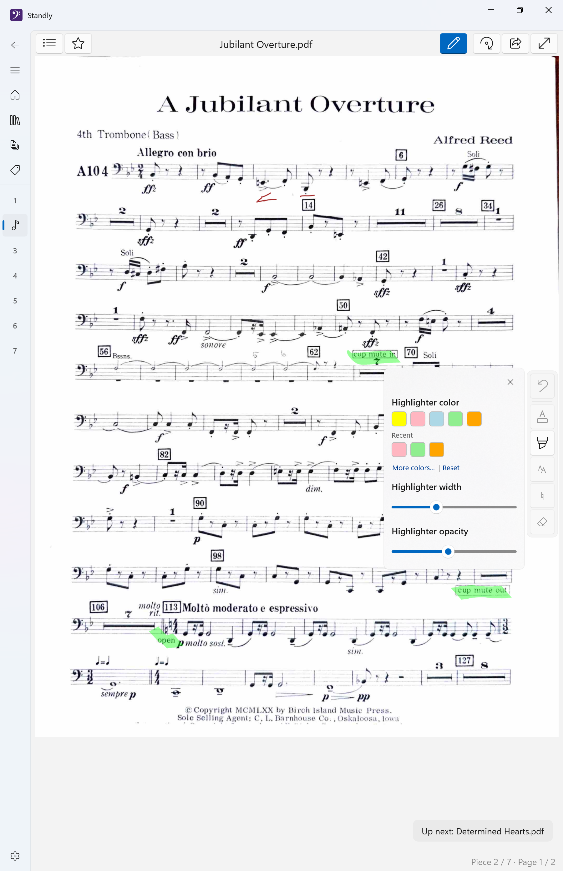 Sheet music marked up with the highlighter tool and color picker open