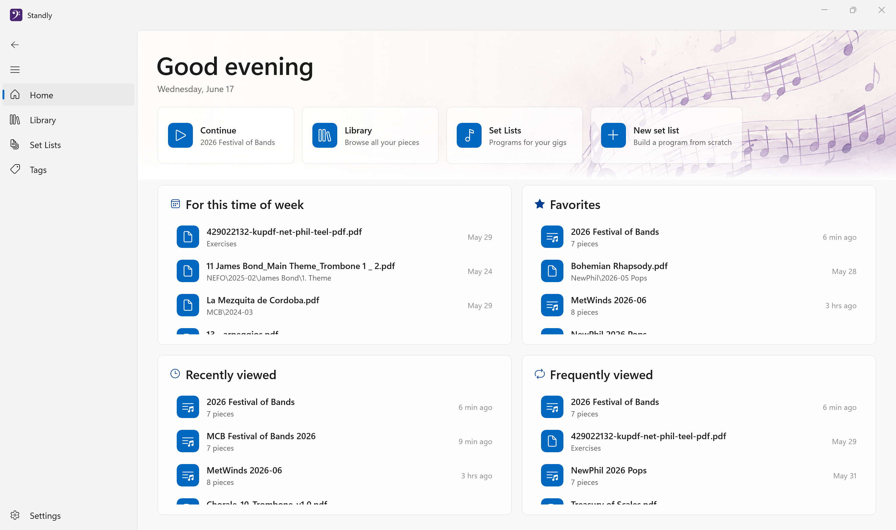 Standly home screen with recently viewed pieces, favorites, and set lists