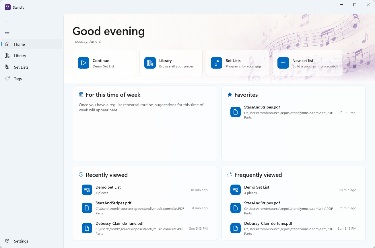 Standly home screen with recently viewed pieces, favorites, and set lists