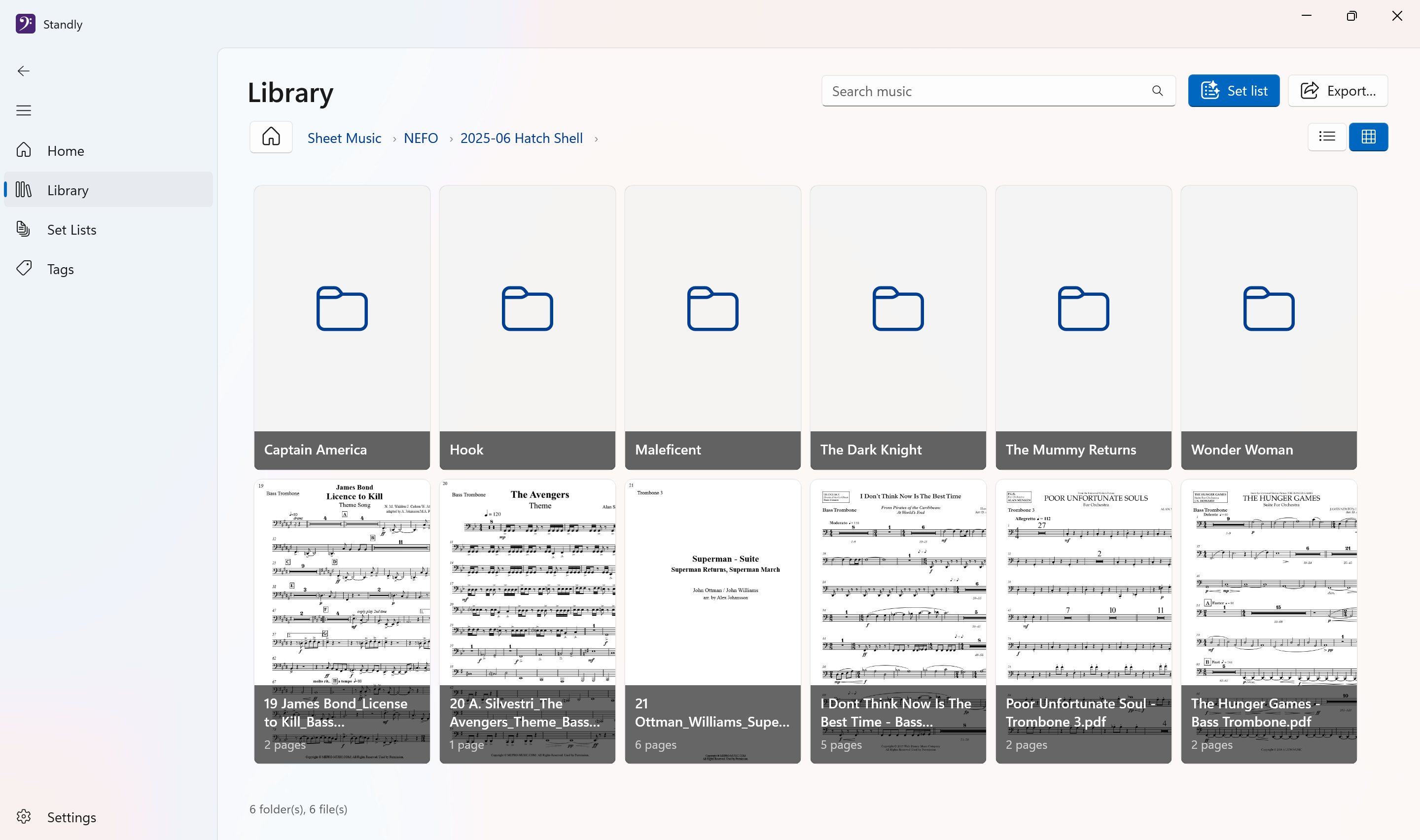 Library grid view showing sheet music as page thumbnails and folders