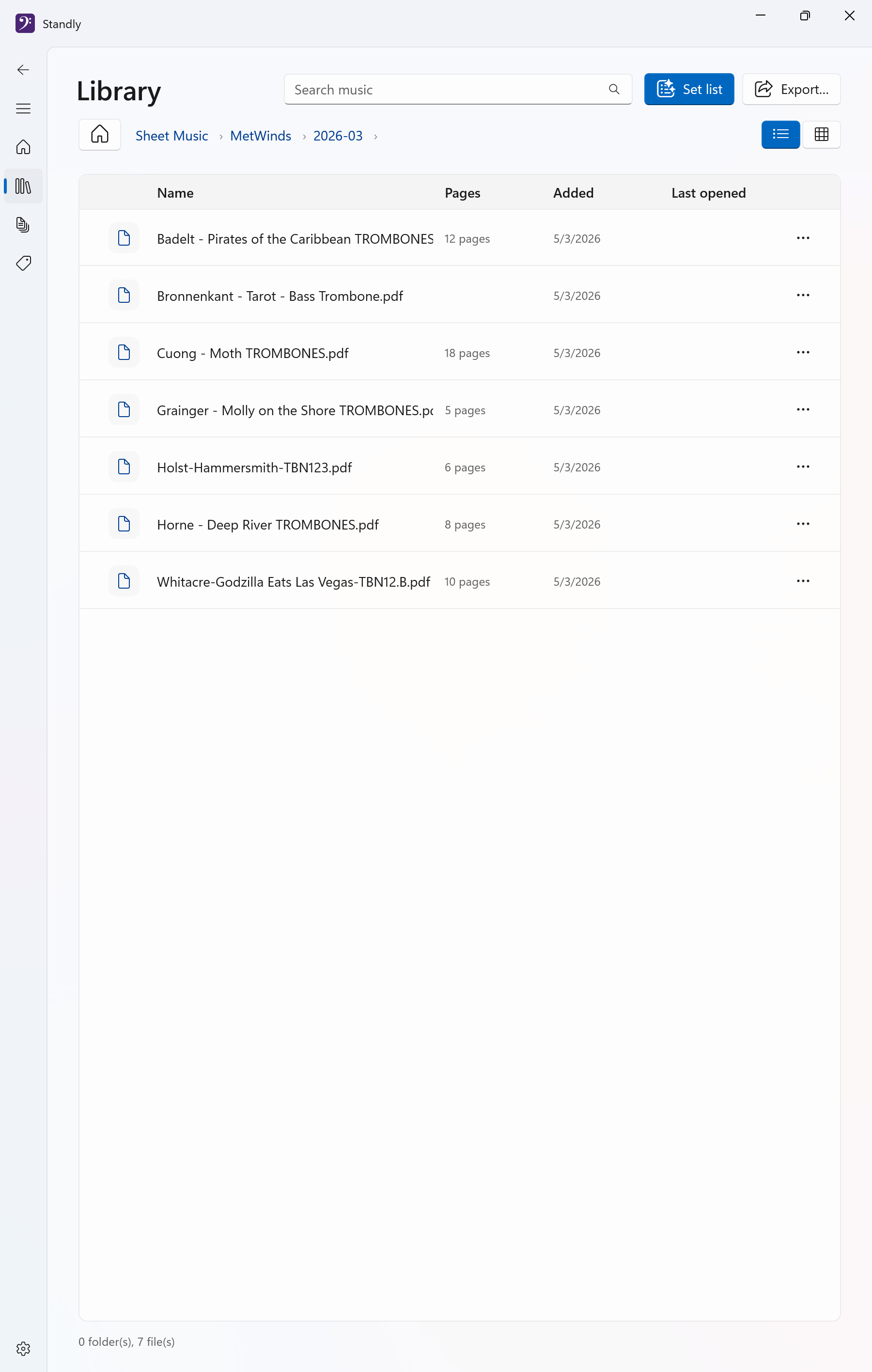Library list view of PDF sheet music with page counts and dates