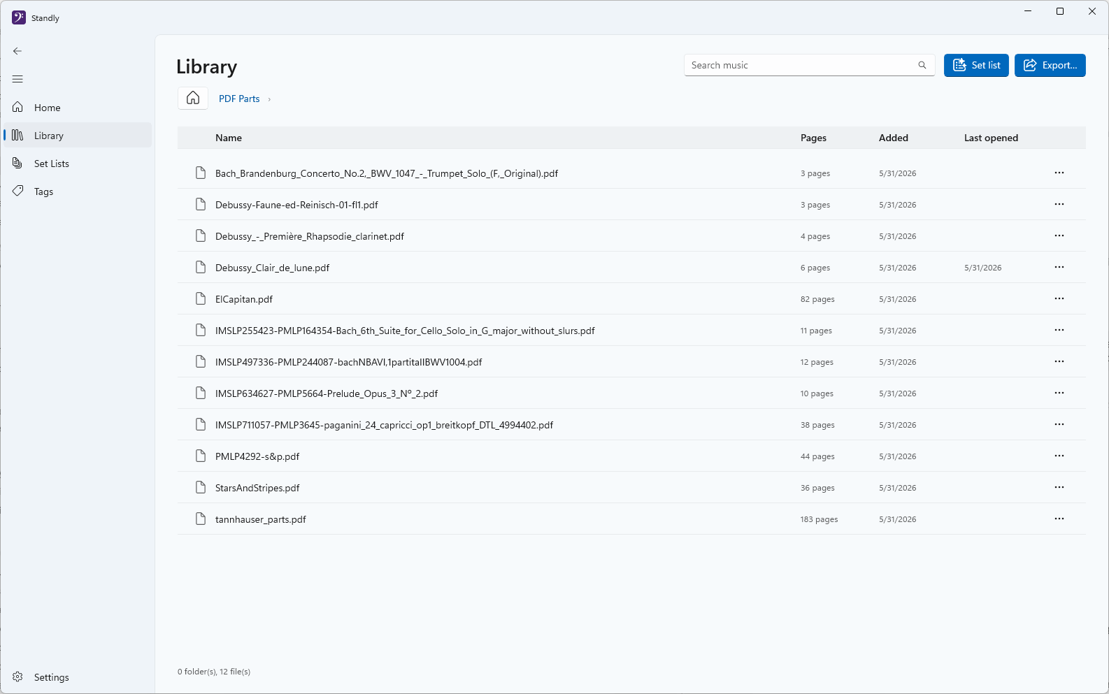 Library view listing PDF sheet music with page counts