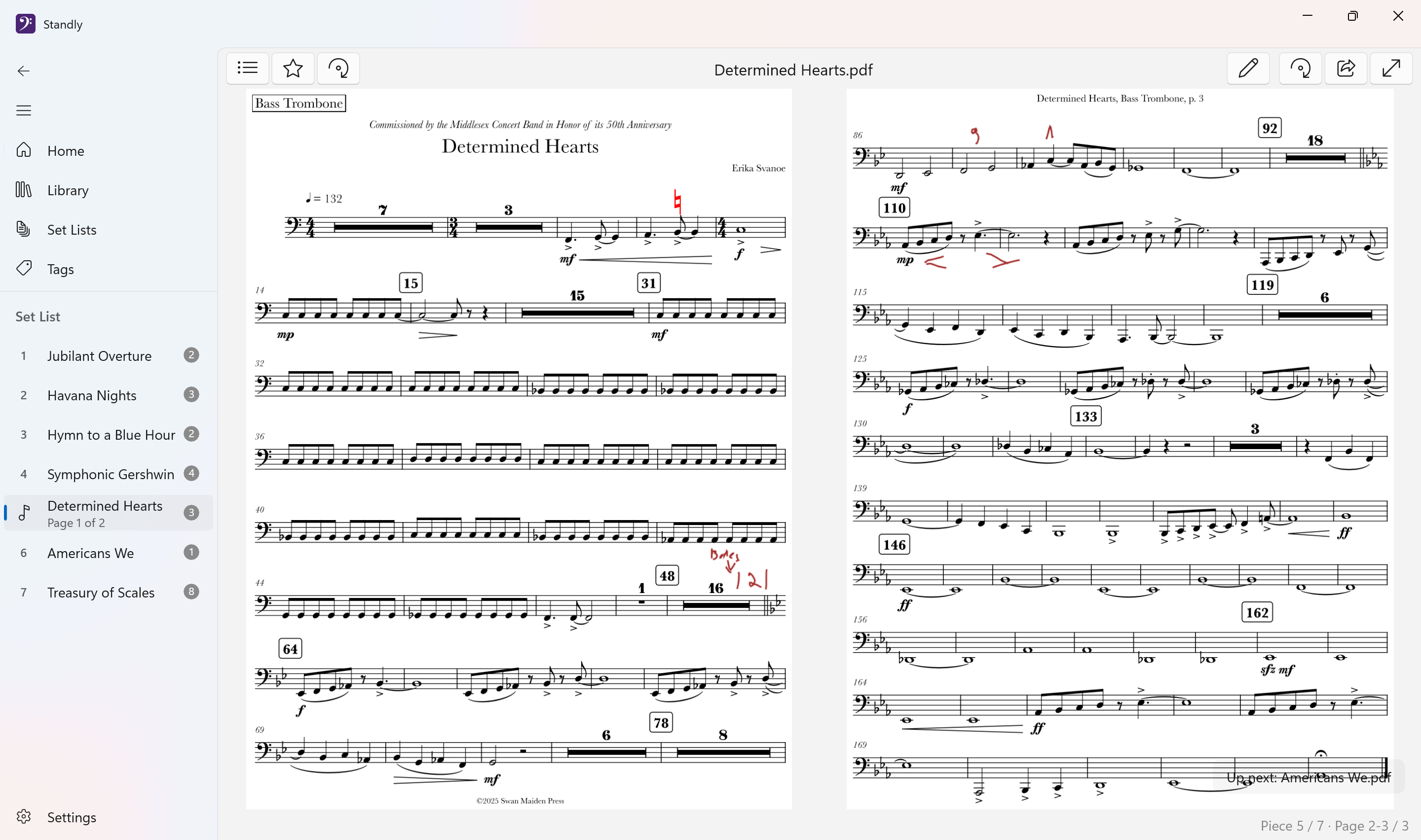 Two-page reading view of a Determined Hearts bass trombone part with a set list in the sidebar