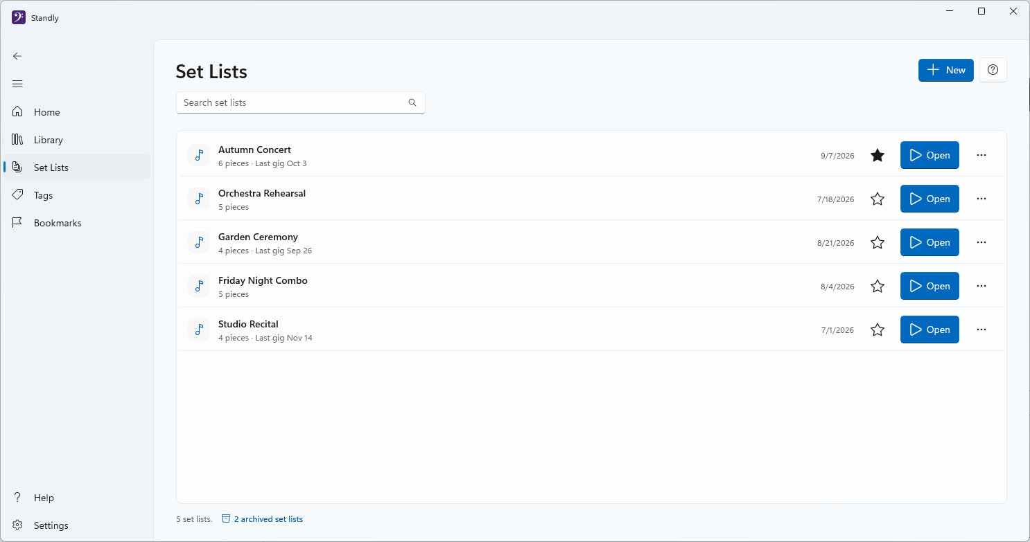 Set Lists screen listing programs with piece counts and last gig dates