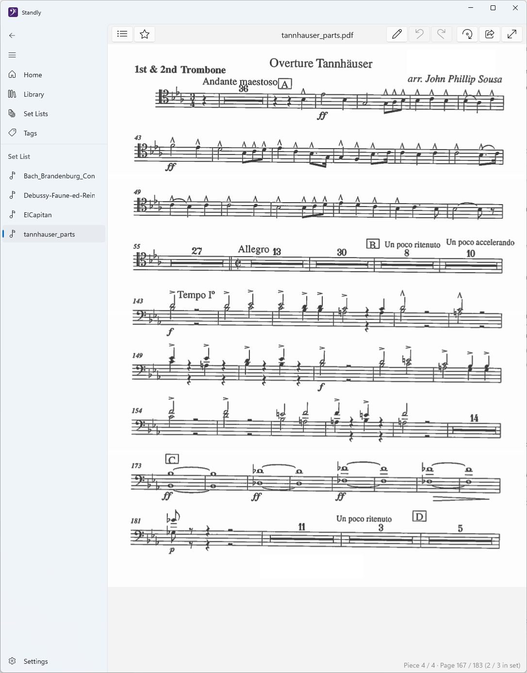 Single-page view with a set list of pieces in the sidebar