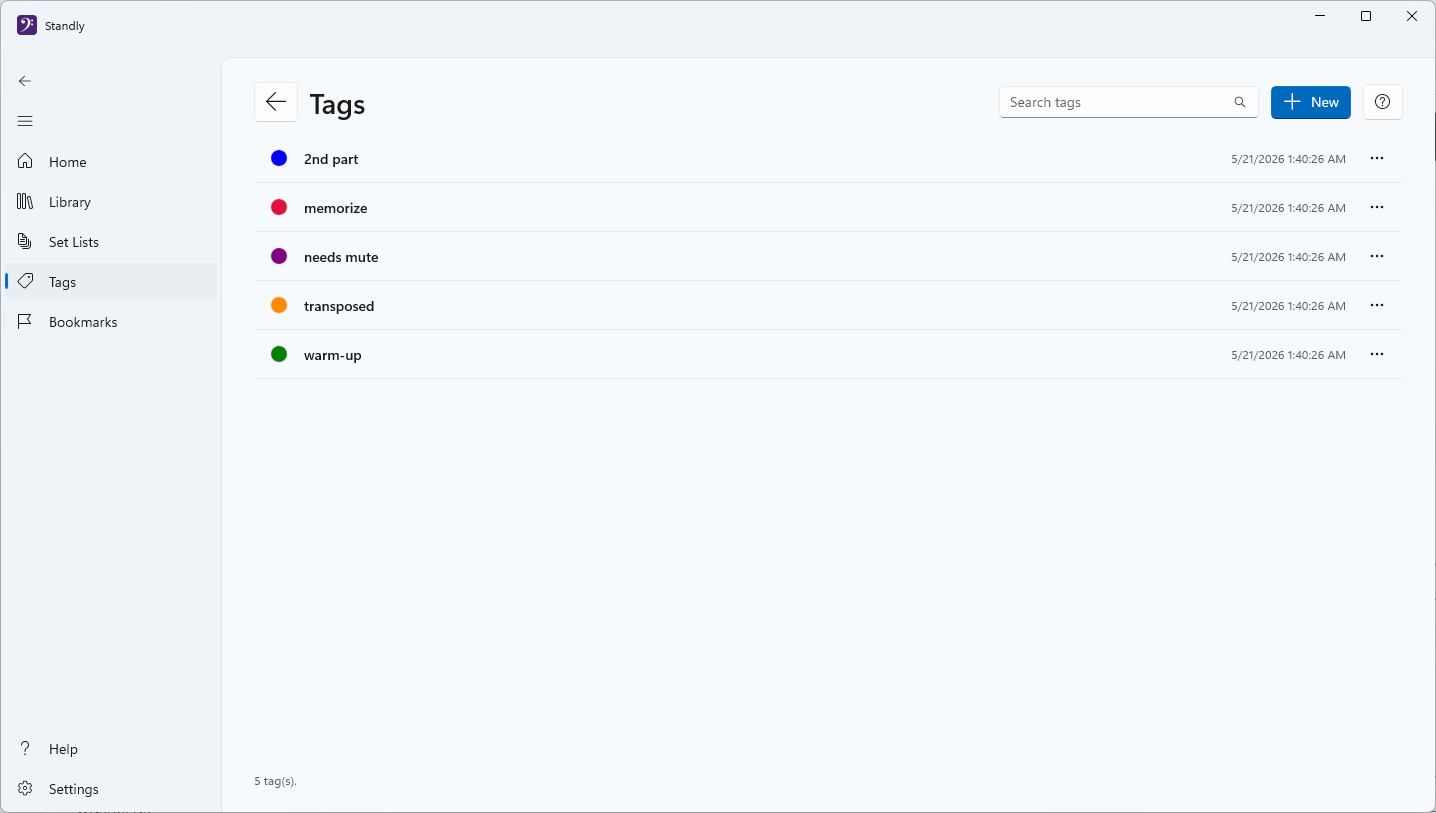 Tags screen showing colored tags such as memorize, needs mute, and transposed