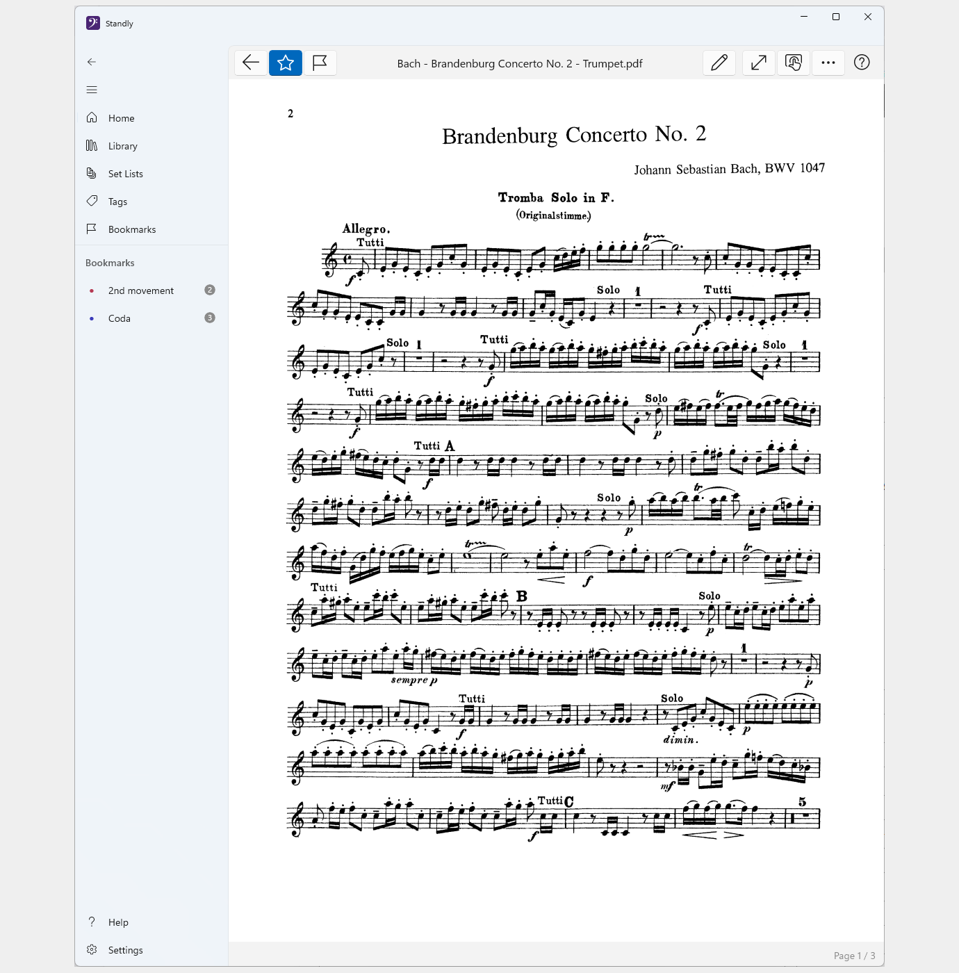 Single-page reading view of a Bach trumpet part with bookmarks listed in the sidebar